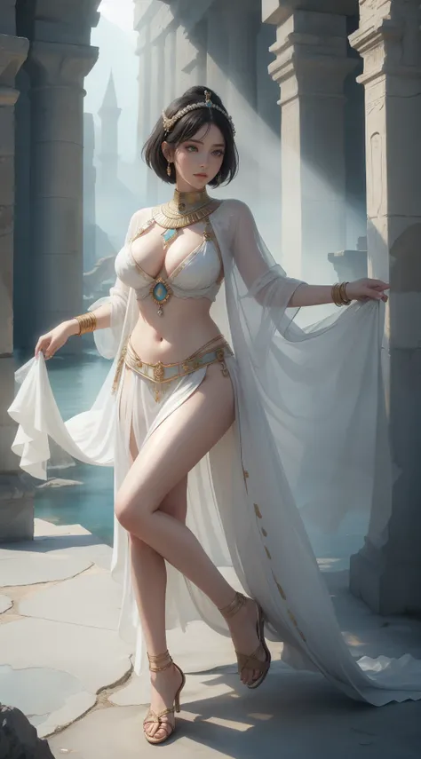 tmasterpiece，Highest image quality，Beautiful full body portrait of noble ancient egyptian girl，Delicate black hairstyle，Short hair tied up，clear sea blue eyes，Ancient Egyptian white clothes were simple and elegant，(sandals，nail art)Ancient Egyptian civiliz...