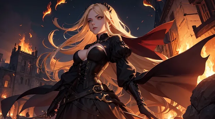 1 woman, evil sorceress, straight blond hair, dark dress, corset, burning village, menacing face, embers floating in the air, at night, high quality, masterpiece