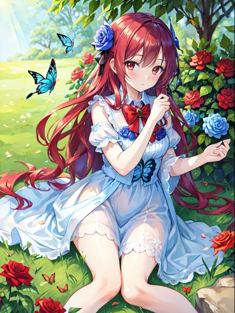 red rose fairy kisses the flower. That fairy is smaller than a flower. Neat costumes give off a mysterious luster. flower  field, Natural light,(Best Quality), (masutepiece:1.3), Ultra-detailed, (Realistic), (Photorealistic), butterfly_Wings, Moderate expo...