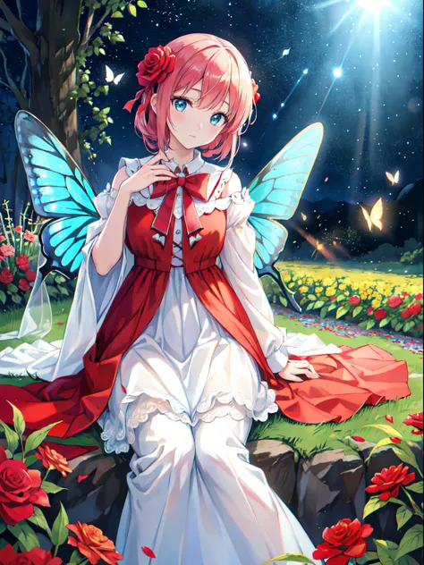 red rose fairy kisses the flower. That fairy is smaller than a flower. Neat costumes give off a mysterious luster. flower  field, Natural light,(Best Quality), (masutepiece:1.3), Ultra-detailed, (Realistic), (Photorealistic), butterfly_Wings, Moderate expo...