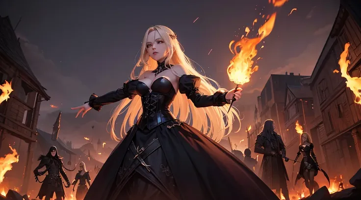 1 woman, evil sorceress, straight blond hair, dark dress, corset, casting a spell, army of skeletons in background, burning village, stern face, embers floating in the air, at night, high quality, masterpiece