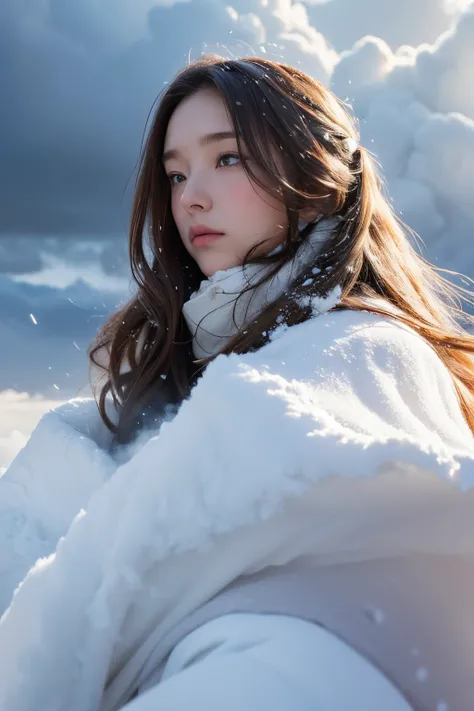 Cloak made of exploding snow clouds, girl， author：Mark Mann, Volop, albrecht durer, Volop, soft wet color, intricately details, Amazing, firey, smokes, The beautiful, Cloudy, Fluffy, static charge, Snowy Land, An artistic masterpiece by the head of real-ti...