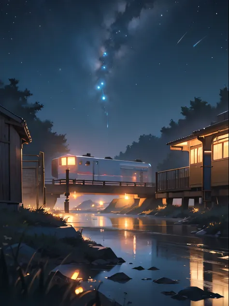 tmasterpiece, Cartoon train passing through body of water on rails, Bright starry sky. Romantic train, Picture of Makoto Shinkai, pixiv, concept-art, Loepfe Art Style, Reflectors. author：Shinkai sincerely, lofi art, beautiful anime scenes, Anime landscapes...