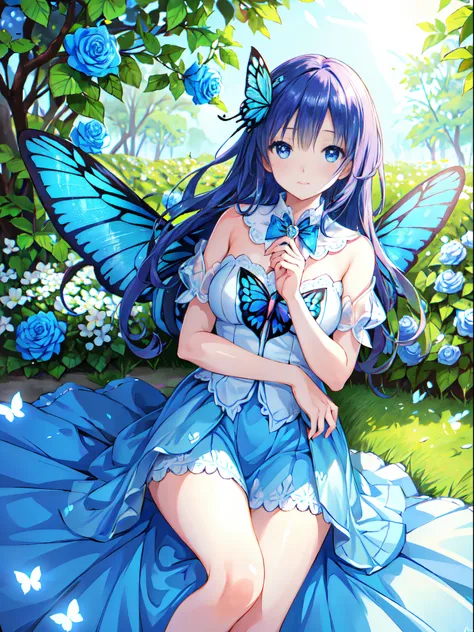 Blue rose fairy kisses flowers. That fairy is smaller than a flower. Its neat and clean costume has a mysterious luster. flower  field, Natural light,(Best Quality), (masutepiece:1.3), Ultra-detailed, (Realistic), (Photorealistic), butterfly_Wings, Moderat...