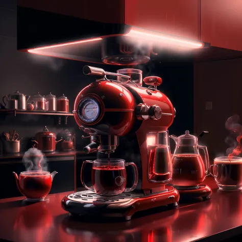 kitchen appliances，red coffee machine，red paint，spooky ambiance，电影灯光，close-up of the shot，dramatic shadow，highest quality，epic，8...