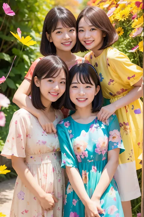 Stand in front of the photo、1girl in,bustup,a short bob,Eye Up,Open mouth and big smile、kawaii pose、Flowing iridescent silk、up of face、Eye Up、Colorcon with heart pattern、Floral dress、There are flowers even in front of you、flower petals、Fallen leaves and dr...