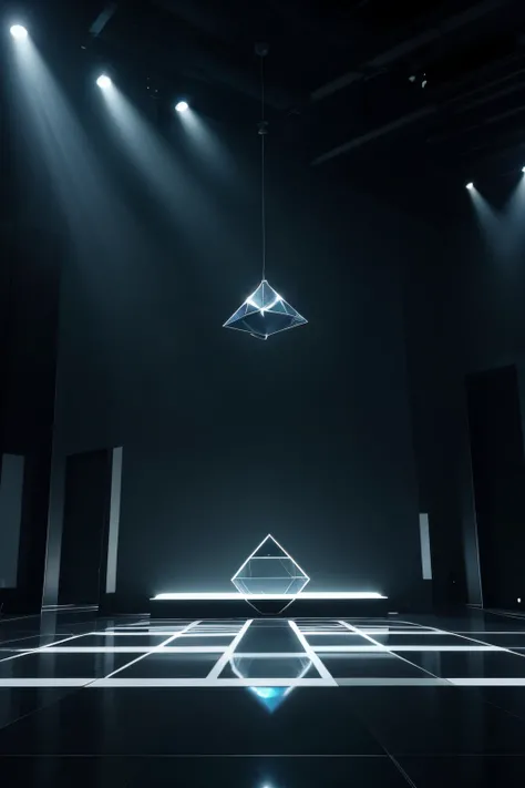 black setting, with black floor, but there are lights illuminating the environment, there is a large glass window in the shape of a large diamond, the diamond-shaped window is large, the environment is ready to be recorded a pop music video, background, co...