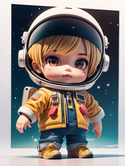 There is a little doll with helmet and helmet, Cute 3D rendering, pequeno astronauta olhando para cima, large black plastic glasses, full sleeve tattoos on the arms, portrait anime space cadet boy, cute 3d anime boy rendering, arte digital detalhada bonito...