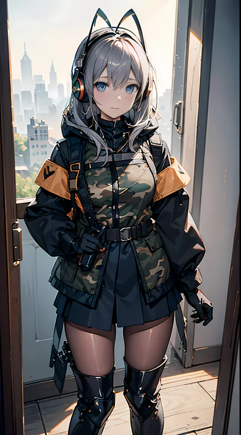 best quality,masterpiece,1girl,solo,solo focus,hasuki,gloves,antenna hair,headphones,headset,armband,load bearing vest,boots,skirt,blue eyes,camouflage,knee pads,shorts,hood,uniform,jacket,military uniform,looking at viewer,simple background,closed mouth,g...