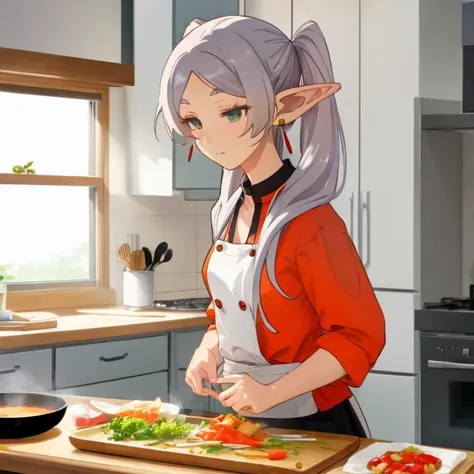 Frieren, twintails, earrings, cooking