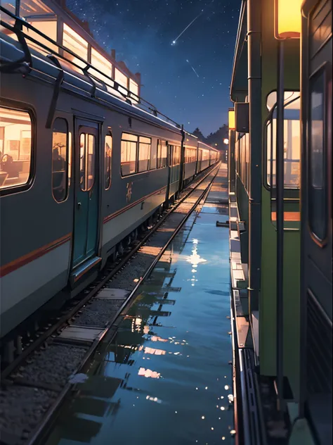 tmasterpiece, Cartoon train passing through body of water on rails, Bright starry sky. Romantic train, Xin Haicheng pictures, pixiv, concept-art, Lopfe art style, reflector. author：Xinhai sincerely, lofi art, beautiful anime scenes, Anime landscapes, Detai...