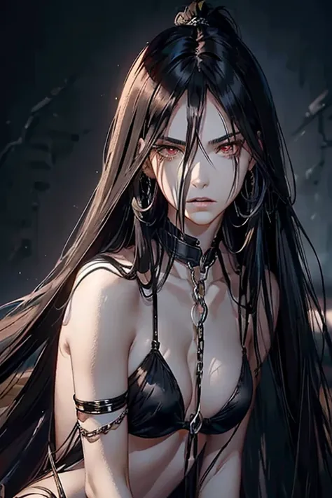 (((long strands of hair in front of face, hair strands between eyes))) (best quality, masterpiece, colorful, dynamic angle, highest detailed) (official art, extreme detailed, highest detailed) (long straight black hair, hair covering face, pale skin, dark ...