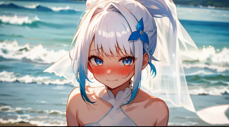 One girl with ponytail hair, bangs, white hair, blue inner hair, looking at viewer, blushing, embarrassed, little smile, tears, wedding venue, beach, flower, wedding dress, bridal veil, upper body, day atmosphere, hair ornament