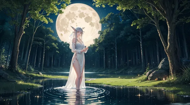 1 beautiful girl, standing in water, sheer clothing, white dress, night scene, forest, fireflies, full moon, pointed ears, necklace, beautiful scene, magical scene, fantasy, masterpiece, high quality