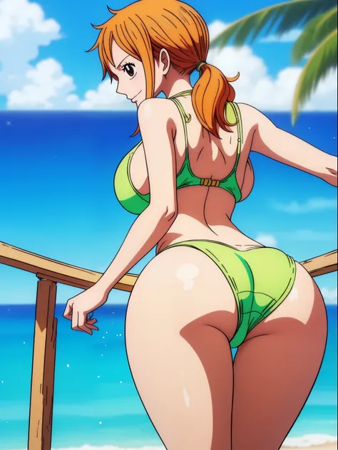 Nami from one piece, sexy tight swimsuit, big ass, big boobs, bent over, showing off ass, back view, head turned towards camera, no extra or missing fingers or limbs