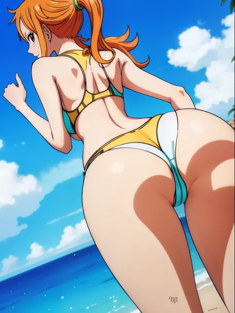 Nami from one piece, sexy tight swimsuit, big ass, big boobs, bent over, showing off ass, back view, head turned towards camera, no extra or missing fingers or limbs