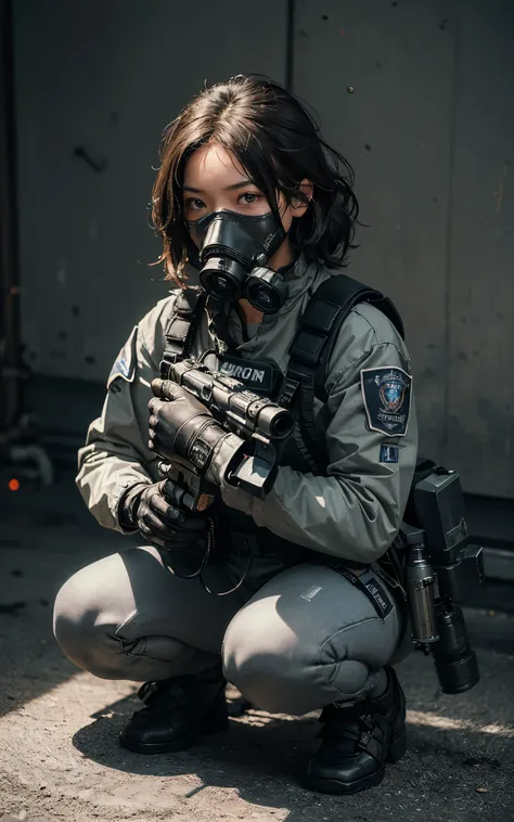 ((best quality, (masterpiece), photorealistic, photorealism, Photorealistic, high resolution)), 1girl full body, aiming with an assault rifle, another girl squatting behind, Combat pose, a bit chubby, (Detailed face), (wearing rash-guard likes police unifo...