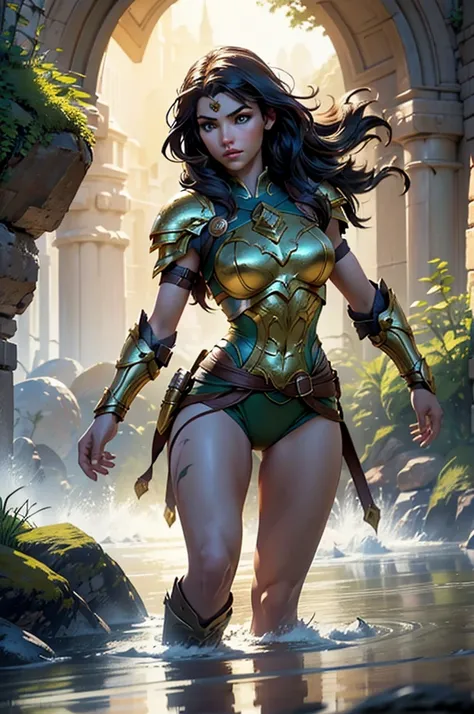 a HYPER Detailed full body illustration o a Stunningly gorgeous muscular female paladin warrior character with a perfect body, 20 years old, she is wering a bikini armor leaving a exposed bely button, determined look on her face, cinematic light, The girl ...