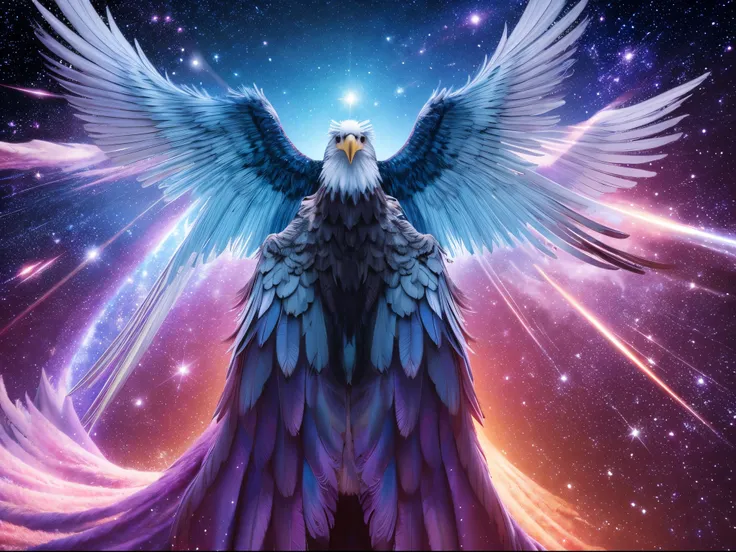 Within a surreal dreamscape, the American screaming eagle transforms into a surrealistic creature with wings made of galaxies and a head composed of abstract shapes, soaring through a cosmic dreamscape.