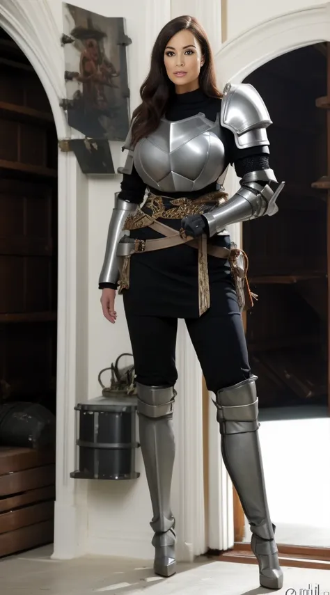 1girl full body, standing straight, looking to the viewer, full body armor, big breast chestplate silver armor, silver helmet, s...