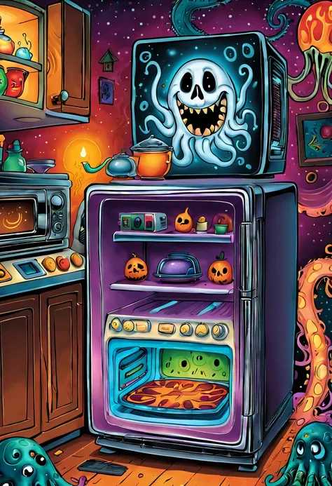 In this illustration，I will use more phantom colors，Emphasize the weirdness and humor of electrical appliances。A ghostly hand protrudes from the refrigerator door，The interior of the microwave oven is filled with colorful lights，like a magical space。The bl...