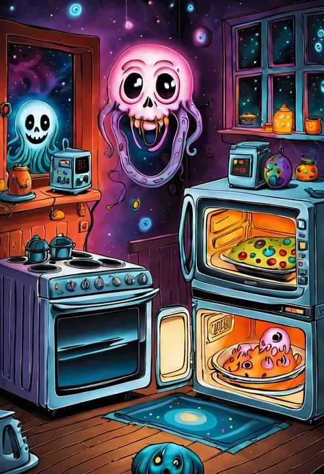 In this illustration，I will use more phantom colors，Emphasize the weirdness and humor of electrical appliances。A ghostly hand protrudes from the refrigerator door，The interior of the microwave oven is filled with colorful lights，like a magical space。The bl...