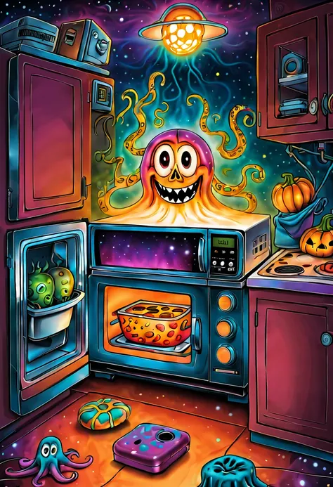 In this illustration，I will use more phantom colors，Emphasize the weirdness and humor of electrical appliances。A ghostly hand protrudes from the refrigerator door，The interior of the microwave oven is filled with colorful lights，like a magical space。The bl...