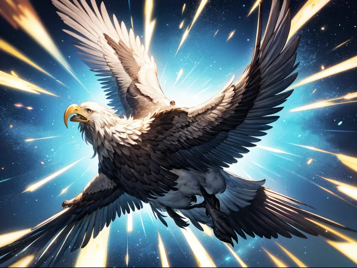 Within a surreal dreamscape, the American screaming eagle transforms into a surrealistic creature with wings made of galaxies and a head composed of abstract shapes, soaring through a cosmic dreamscape.