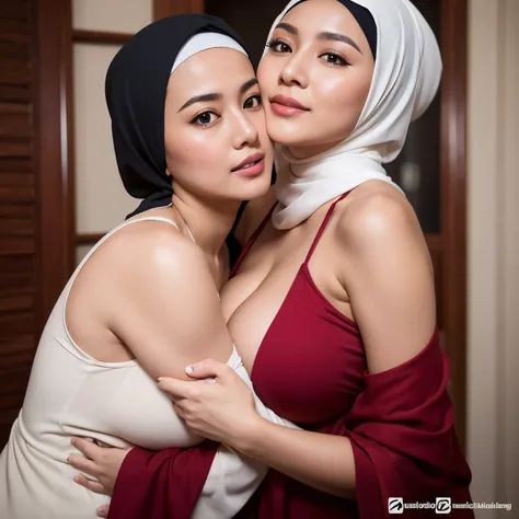 " Capture moments of passion, Lustful and intimacy: Two Hijab beautiful Indonesian MILF, Busty Body, Lesbian Scene, Deeply in love, Hug tightly, Share a passionate Hugging and groping Breast"