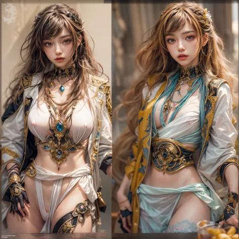 ( Masterpiece:1.25, exposed:1.2, White and vivid colors, navel),  (sexy junior idol), ((face variations, Hair variations)), portrayed in the best quality and high resolution. The image should be ultra-detailed, realistic, and photorealistic with a touch of...