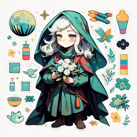 1 sticker, handbook, (Sticker, 1 girl, Medieval heavy dress, luna. veil, bouquet, Separating elements), watercolour, whitebackground, Simple background, minimal, Cute, tiny, Color: pastel colours, vector style, No gradient, male with pale skin,midle hair, ...