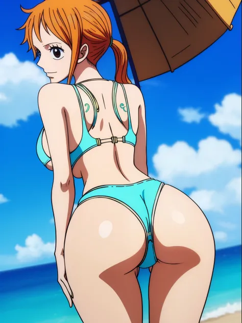 Nami from one piece, sexy tight swimsuit, big ass, big boobs, bent over, showing off ass, back view, head turned towards camera, no extra or missing fingers or limbs