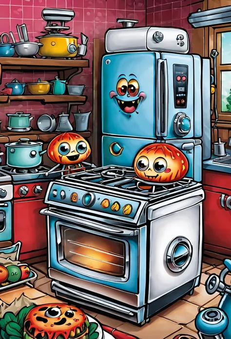 In this illustration，Illustration master will adopt comic style，Design kitchen appliances into cartoon characters，Like a refrigerator with big eyes and a smiling face、Oven and mixer。These appliances will display horror in an exaggerated way、Humor and cute ...