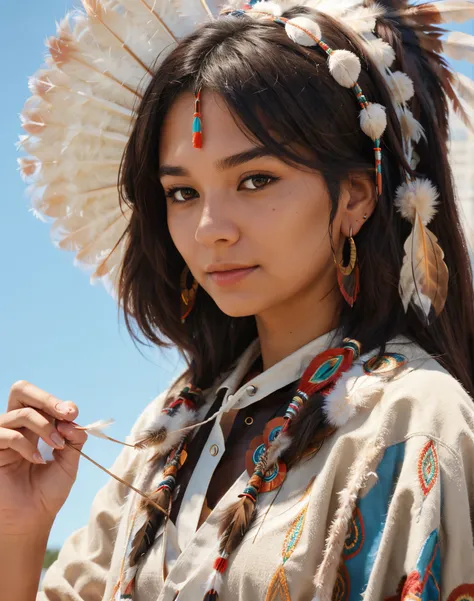 Create a face with features of a Native American woman with feather headdress, feather earrings with ultra hd realistic dino strokes