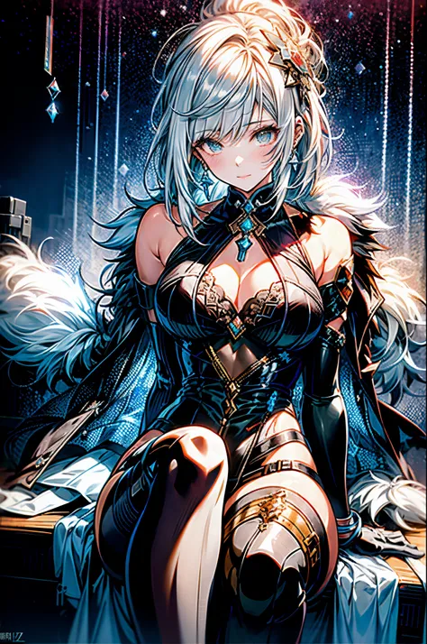 anime - style illustration of a woman sitting on a rock of Cristals with a lot of things around her, shadowverse style, from arknights, from girls frontline, white haired deity, guweiz, girls frontline universe, guweiz on pixiv artstation, fine details. gi...