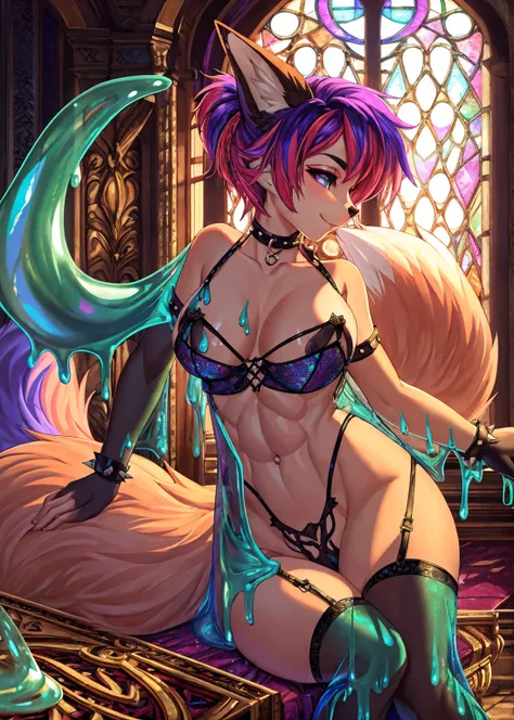 (best quality,4k,8k,highres,masterpiece:1.2),ultra-detailed,sexy,excited,((slime girl)),((punk hairstyle)),((slime lingerie)),detailed fox ears,beautiful detailed eyes,beautiful detailed lips,long eyelashes,well-toned abs,bare breasts,nipples,soft lighting...