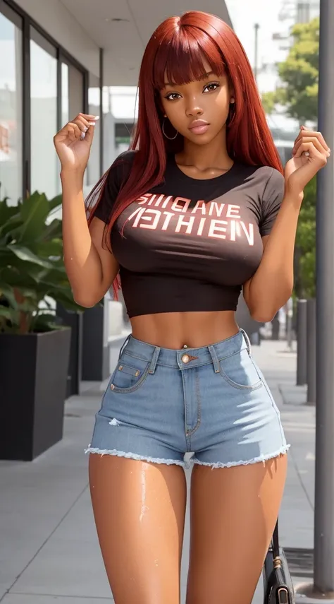 Sexy black girl, 18 years old, red hair with bangs, perfect body, perfect and proportionate breasts, large and perfect butt, toned legs, wet white t-shirt, tight short denim shorts. sensual pose in public and provocative look