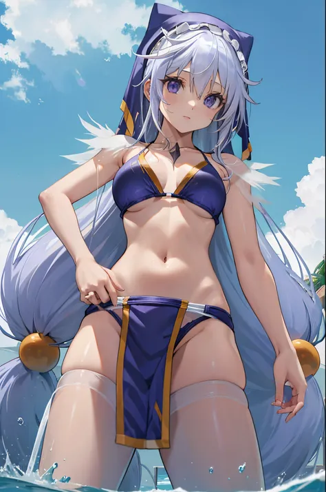 Eris Konosuba、cabelos roxos、24 anos、Cabelo longo、a praia、qualidade superior, bikini roxo、hidden hand、Navel Ejection、Teats、