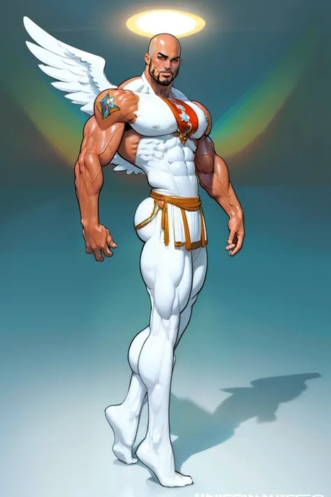 ((backside pose:1.3)), a painting of a (((muscular:1.4))) man with radiant aura, large body of holy energy surrounds man, (looking back at viewer), The God of light, ((thick muscular thighs)), brown loincloth, divine, ((colored white skin)), colored skin, ...