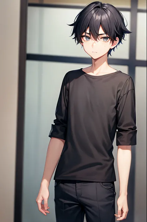 1 boy, black hair, grey eyes, dark blue shirt, pants, (teenager), skinny, freckles