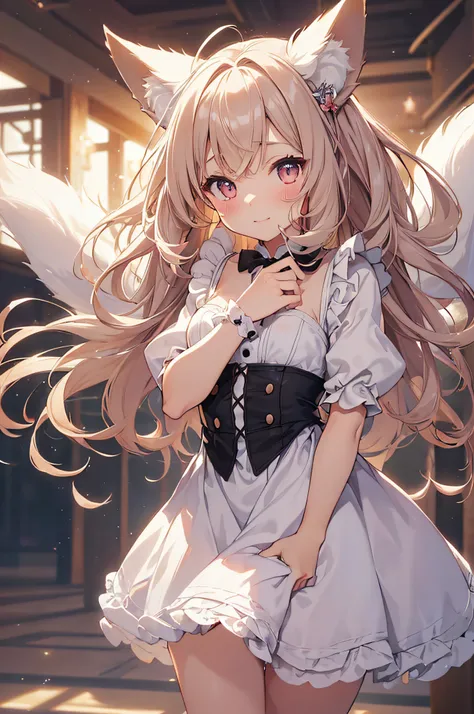 (best quality,ultra-detailed,realistic:1.37),professional,anime,maid,short hair,cute,loli,almond shaped eyes,fox girl,soft and silky hair,vibrant colors,adorable expression,playful atmosphere,fluffy fox ears,graceful movements,innocent smile,delicate featu...