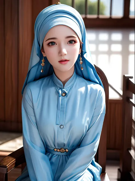 1girl, solo, beautiful face, high detailed realistic eyes, double eyelids, high detailed realistic pupils, upon body from head to waist, (wearing hijab:1.37), (moslem headscarf:1.37), reading glasses, sitting alone on a long chair, amazing mosque park back...