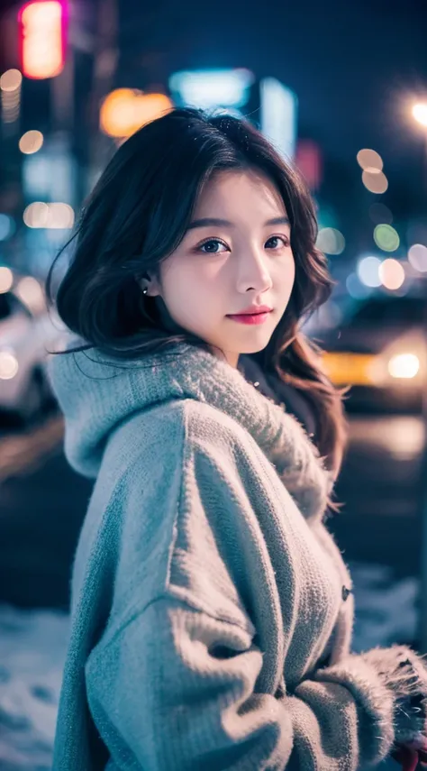 8K、Original photography、Realistic、(high detal、top-quality:1.2)、Beautiful woman with perfect style、bigger, Exclusive jacket、Light sweater、Snowy Night City