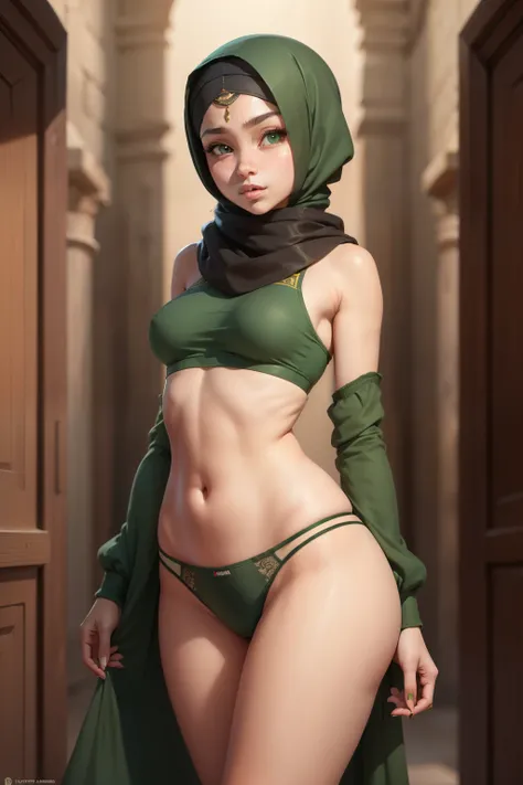 (1 girl), (very small breasts), (egypt) hijabi, (optimal proportions green eyes), (very detailed and fine face), (The highest quality), (tight underwear)