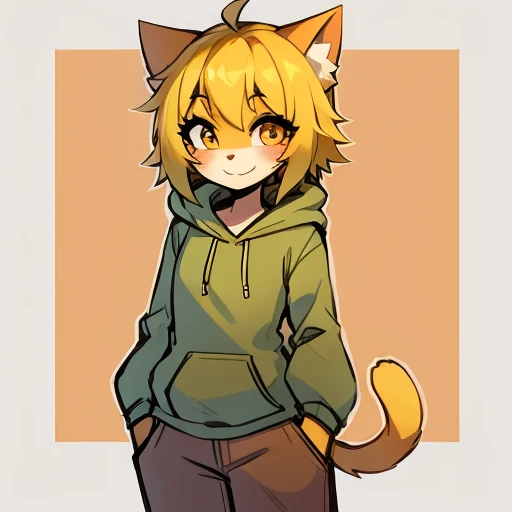 Yellow hair, Yellowish orange fur, green hoodie, brown pants, female, cat