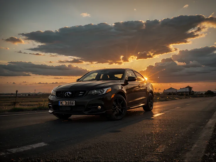 Sunset, orange sky with clouds ,  black colour car