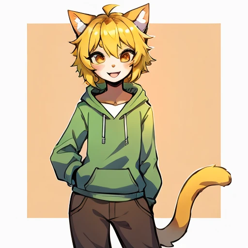 Yellow hair, Yellowish orange fur, green hoodie, brown pants, female, cat