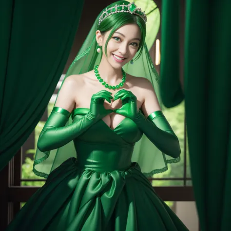 emerald tiara, Green Pearl Necklace, Boyish very short green hair, lipsticks, Japan woman smiling, very short short hair,  big breasts beautiful, Green eyes, Long green gloves made of satin material, Green eyes, Emerald Earrings, green vale, Heart with bot...