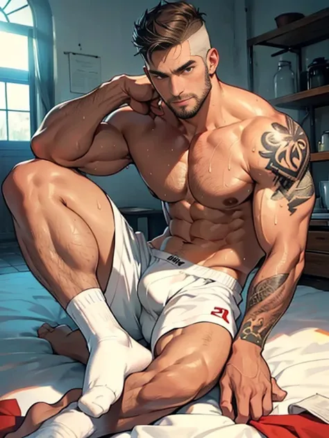 mtu，fullnude，Abs，No beard，Wearing white boxer panties，long white socks，Regular tattoos，The content is very detailed，Bronzed skin，Sweat slightly