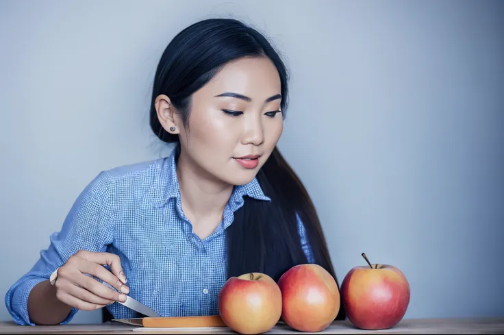 there is a woman that is cutting an apple with a knife, dang my linh, with apple, vietnamese woman, mai anh tran, she is eating a peach, shot on nikon d 3 2 0 0, she is easting a peach, portait photo, an asian woman, xiang duan, portait image, photo portra...